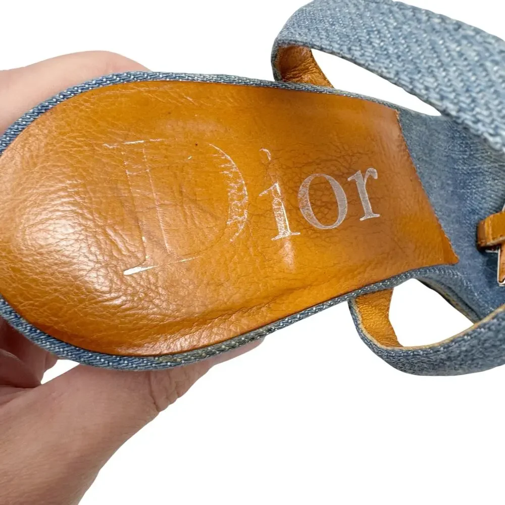 Christian Dior Galliano Denim Floral Embroidered CD Wedge Sandals Size 37